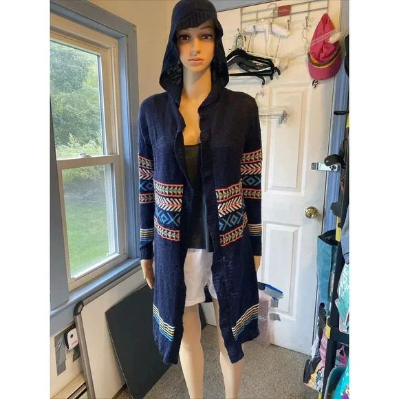 Eyeshadow Hoodie Cardigan Sweater OpenFront Womens S Navy Aztec Long Grunge Knit - Picture 9 of 9